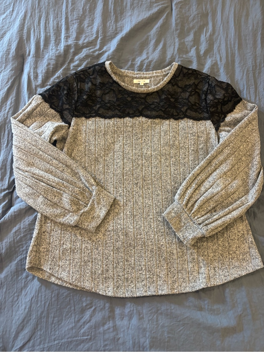 Maurices Gray Knit Top with Black Lace Yoke